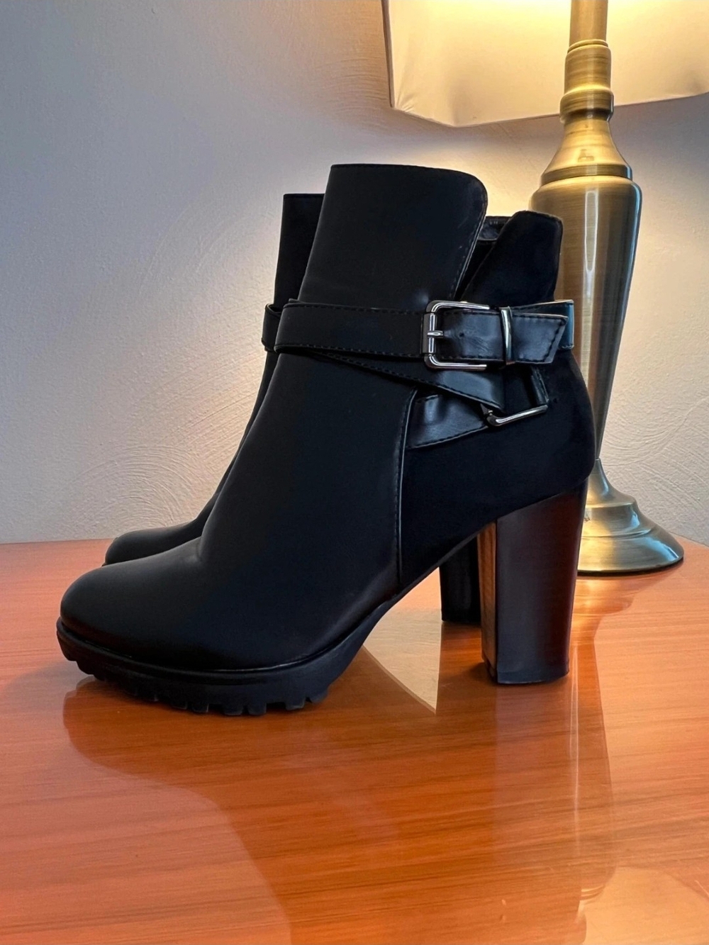 Black Women's High Heel Ankle Boot with Buckle Strap